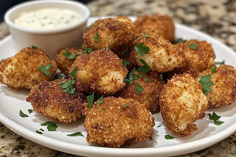 Spicy buttermilk fried cauliflower bites garnished with parsley served with dipping sauce on a white plate, close up top view