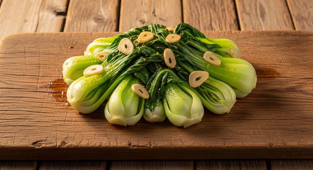 easy Steamed Bok Choy with Garlic and Sesame Seeds served on a Wooden Cutting Board close up top view