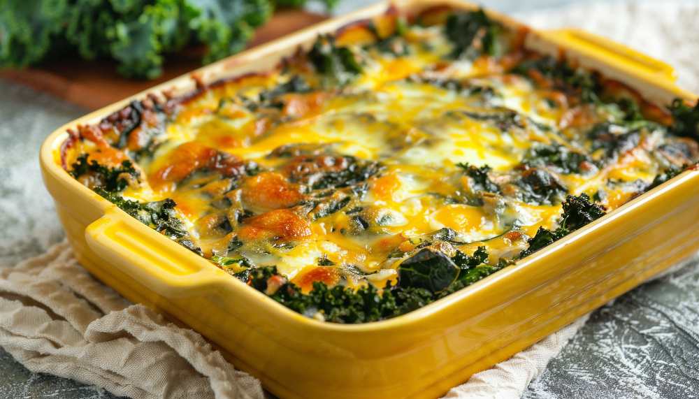 kale and egg casserole, serve in a yellow baking dish, close up top view