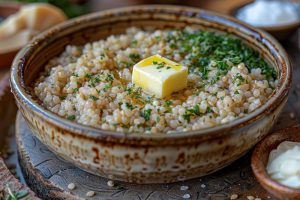 kasha a traditional buckwheat porridge, garnished with parsley, pat of butter and a sprinkle of salt. serve in a rustic bowl , close up top view.
