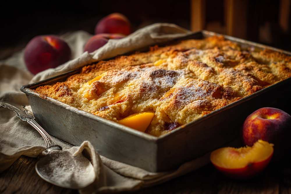 peach cobbler, serve in a metal baking dish with fresh peaches on the side