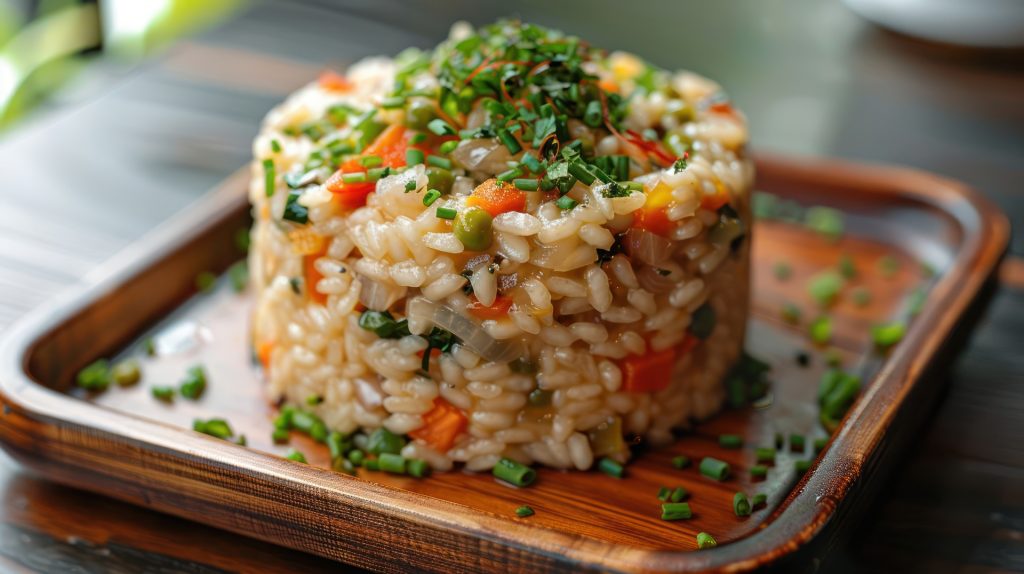 risotto topped with fresh herbs and vegetables on a wooden plate