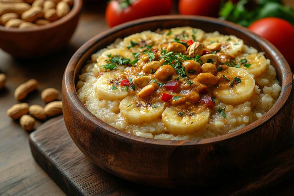 traditional Ugandan dish, matoke , steamed plantains, with peanut sauce, served in a wooden bowl, accompanied by roasted peanuts and fresh tomatoes, warm ambient lighting, close up top view