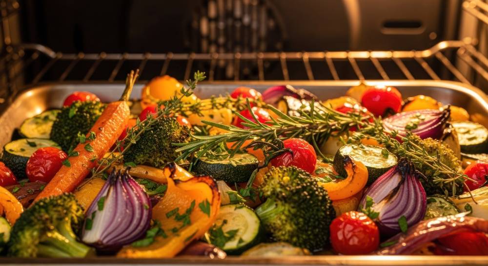 A pan filled with vegetables and herbs cooking in the oven