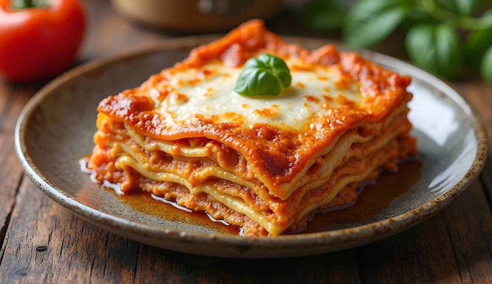 Cheese lasagna serve on a rustic plate on a wooden table close up top view