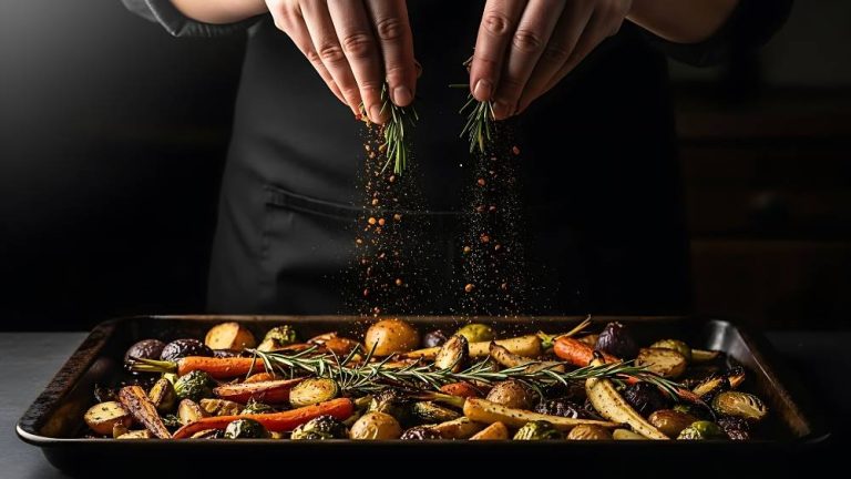Chef seasoning roasted vegetables on a baking sheet with fresh herbs