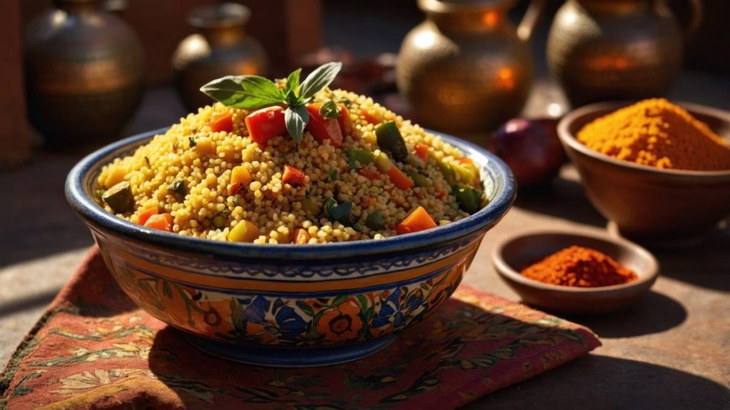 Colorful bowl of couscous with vegetables and spices on a rustic table