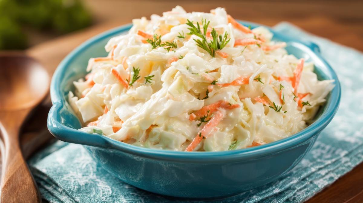 Creamy coleslaw serve in a blue bowl close up , side view.