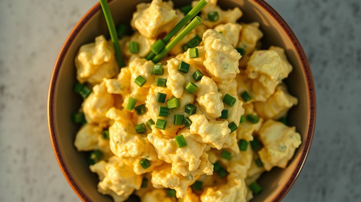 Creamy egg salad with fresh chives in a bowl. close up top view.