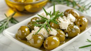 Green olives with feta cheese and rosemary in olive oil, serve in a white plate , close up top view.