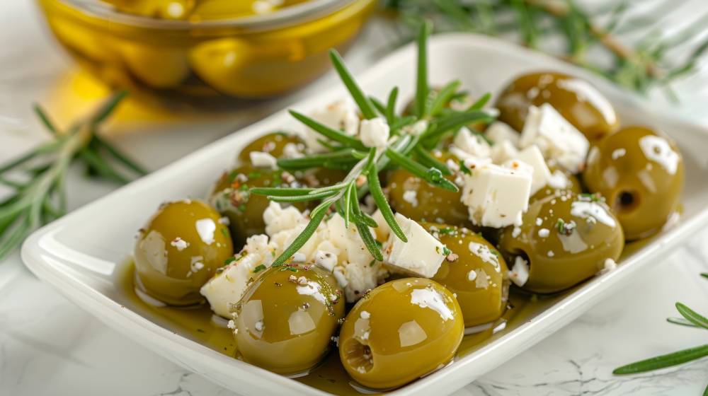 Green olives with feta cheese and rosemary in olive oil, serve in a white plate , close up top view.