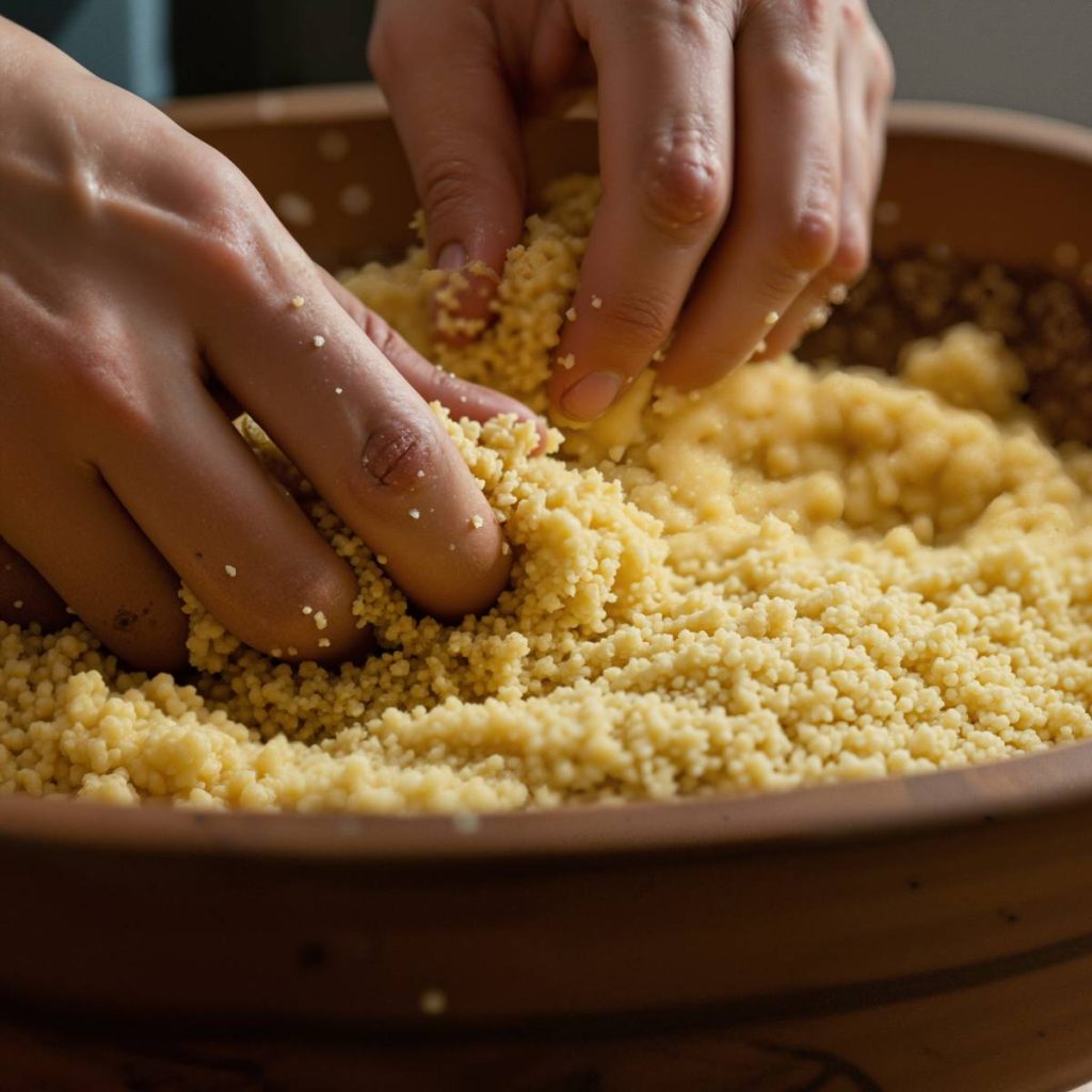 Hands preparing homemade couscous in a traditional wooden bowl