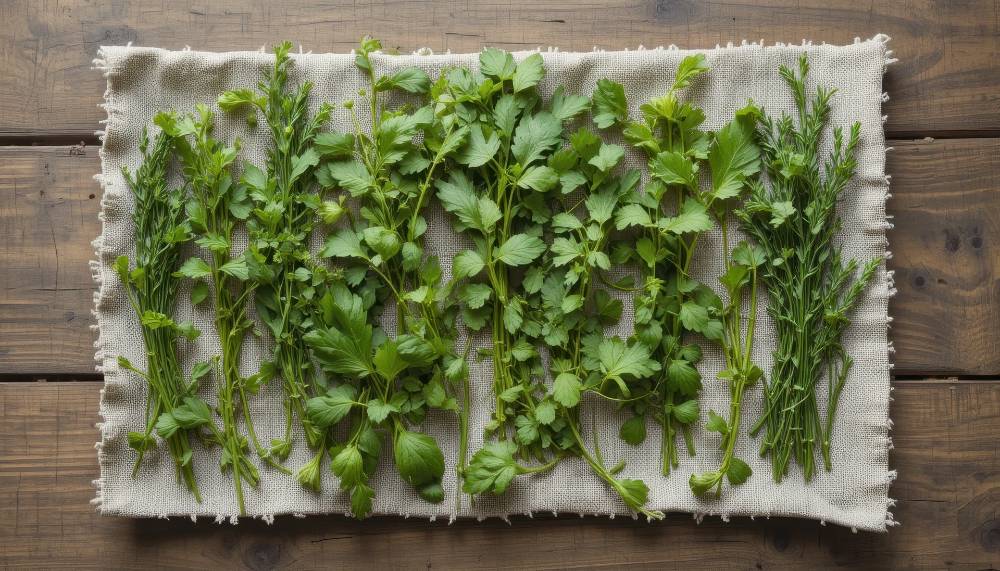 Harvested Herbs Arranged Neatly on a Cloth for Culinary Use in a Kitchen Setting