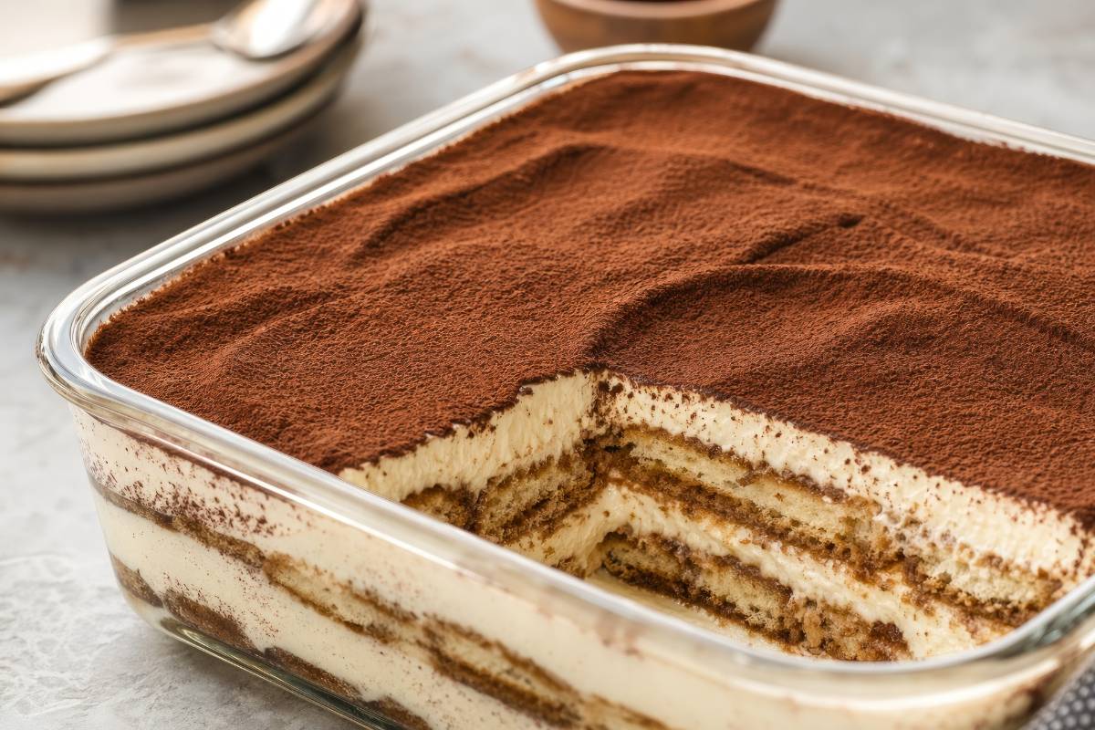 Homemade Layered Tiramisu, serve in a glass baking dish , close up side view.