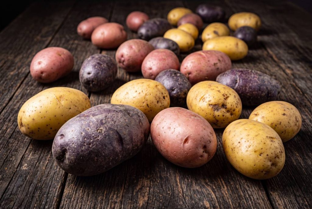 Raw Potatoes with Purple Pink and Yellow Skins on Dark Wooden table