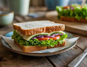 Sandwich with white cheese Lettuce tomato and red onion. serve on a wooden table , close up side view.