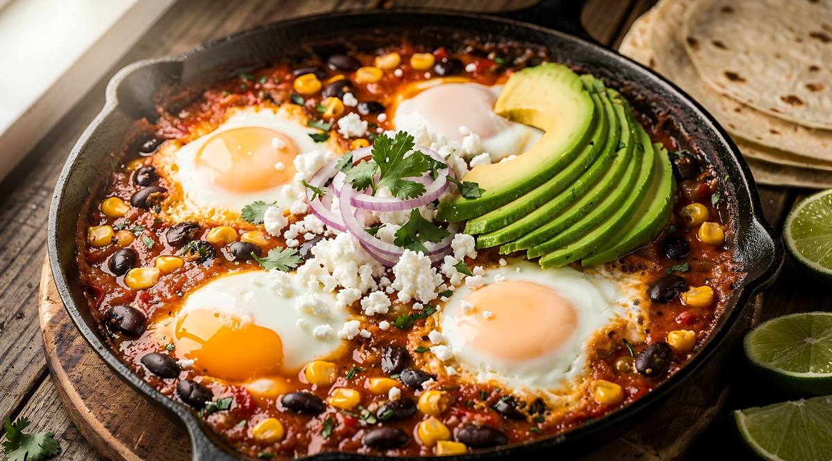 Shakshuka with Black Beans, Corn, Avocado, and Feta Cheese, serve in a cast iron close up , top view