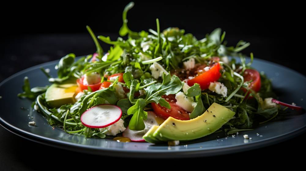 arugula salad with avocado, radish, bell pepper, tomato and feta cheese, close up side view.