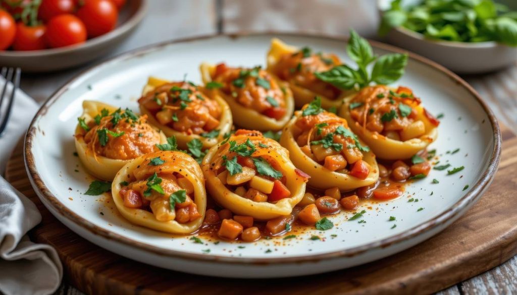 baked pasta shells stuffed with vegetables, serve on a rustic plate on a cutting board . close up side view.