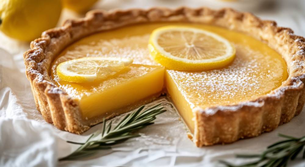 lemon tart with lemon slices, serve with fresh rosemary , close up side view.