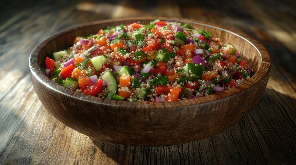 quinoa mix with Israeli salad, serve in a wooden bowl on a wooden table, close up side view.