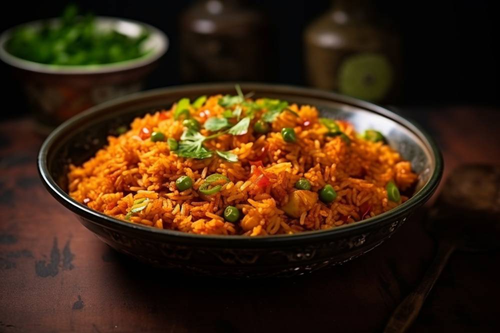 schezwan fried rice masala, serve in a rustic bowl , close up side view.